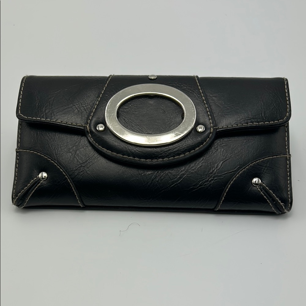 Women's Trifold Wallet Clutch Black with Silver & Stitch Details Casual